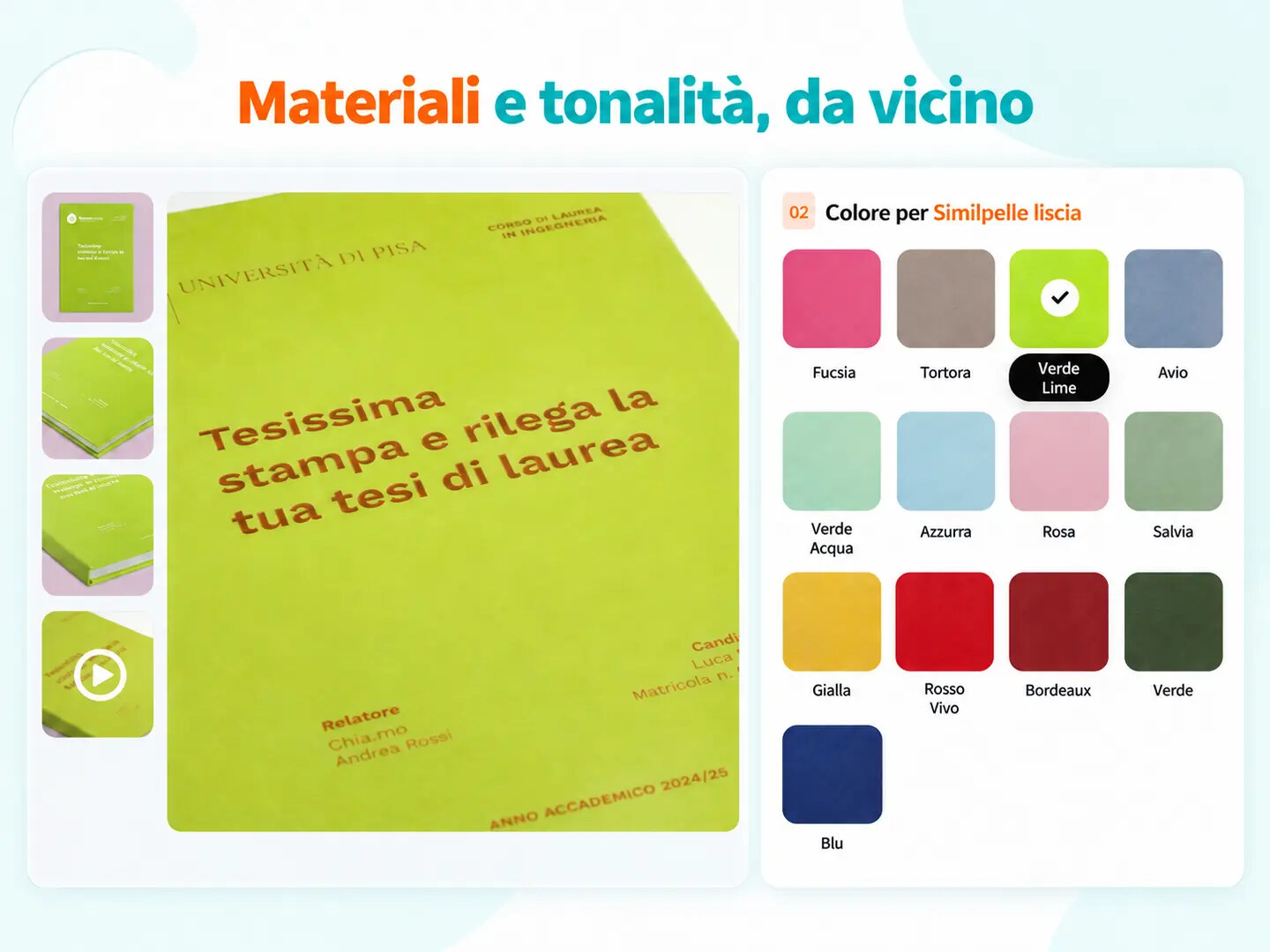 Dettaglio della copertina verde lime, della miniatura video e dei colori disponibili nel configuratore Tesissima.