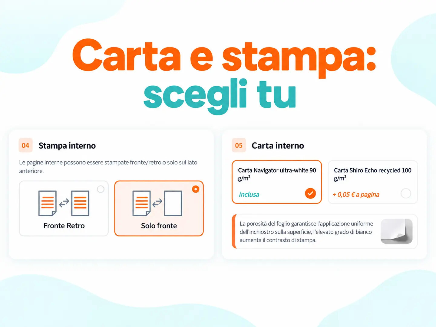 Opzioni del configuratore Tesissima per scegliere la carta interna e la stampa fronte retro oppure solo fronte.