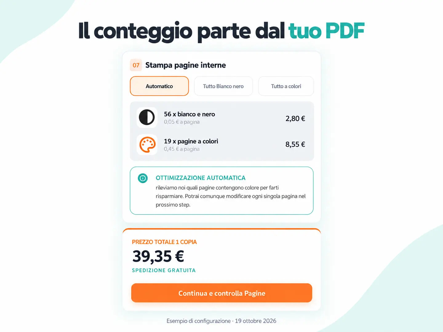 Esempio di conteggio automatico nel configuratore Tesissima: 56 pagine in bianco e nero e 19 a colori.