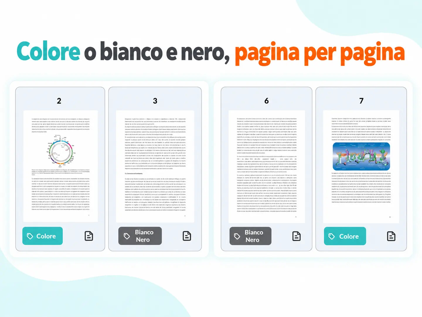 Miniature delle pagine della tesi con i comandi Colore e Bianco Nero nel configuratore Tesissima.