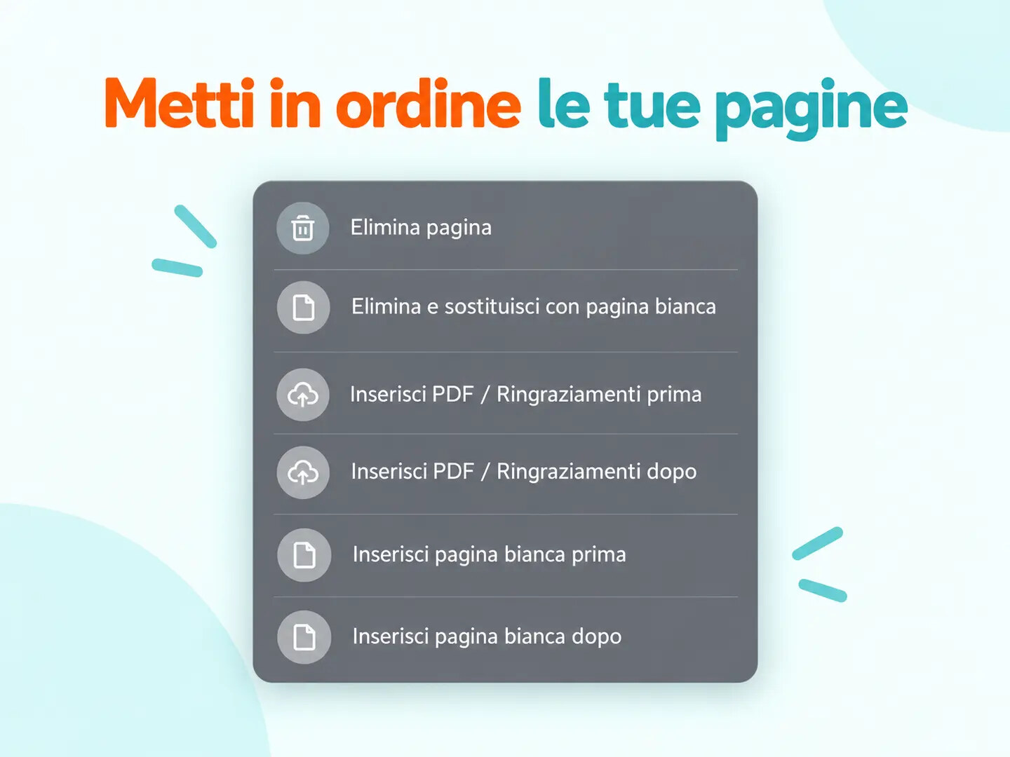 Menu del configuratore Tesissima per eliminare pagine, inserire PDF e ringraziamenti o aggiungere pagine bianche.