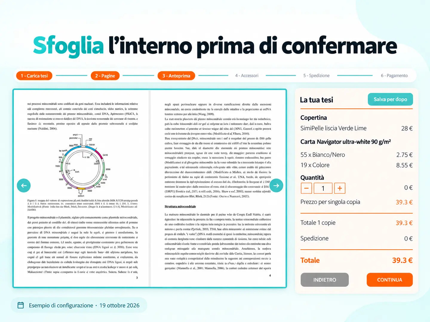 Anteprima sfogliabile della tesi a doppia pagina, con frecce di navigazione e riepilogo della configurazione Tesissima.
